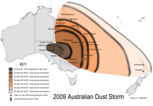 [Map showing plume expansion rate, dircetion and growth of the Australian dust storm of 2009.]
