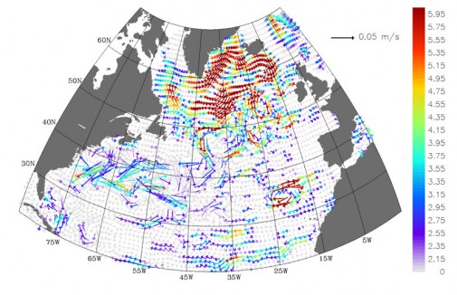 [Trend Velocities in North Atlantic in meters per second per decade from May 1992 to June 2002. vectors trace the following graphic of the subpolar circulation in reverse direction, which denotes a slowing gyre. Credit: Sirpa Hakkinen, NASA GSFC.]